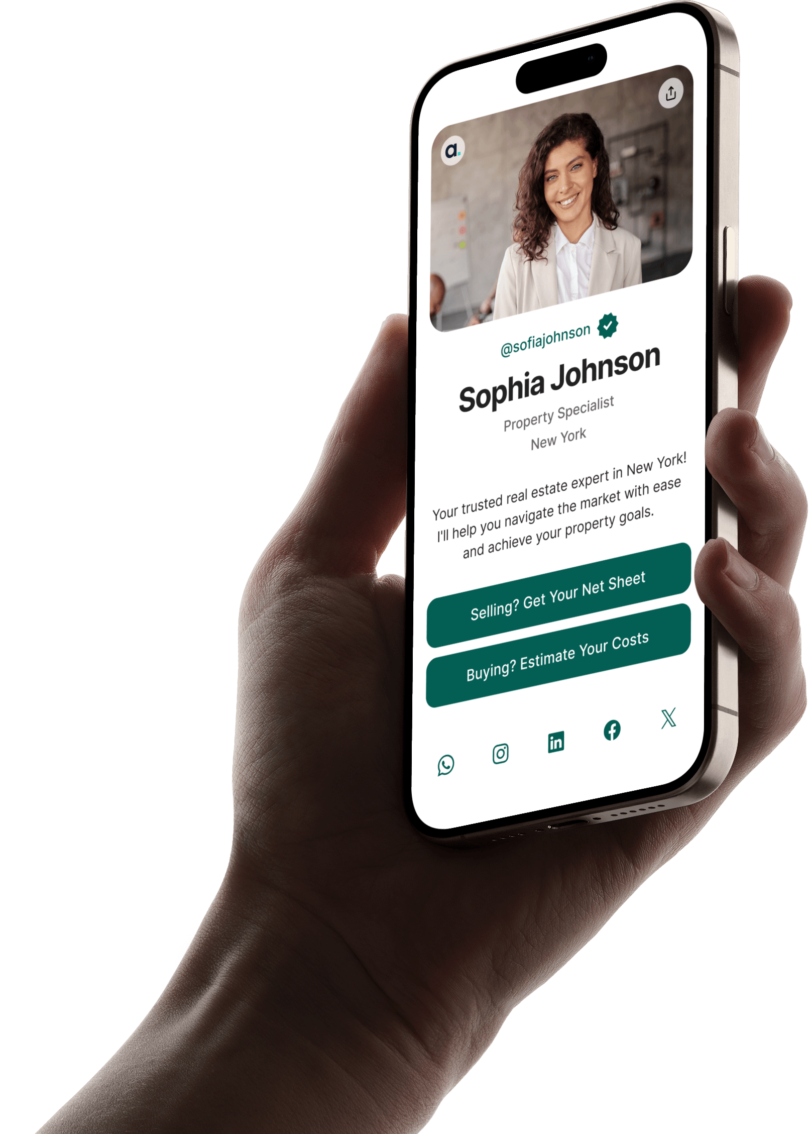 A hand holding a phone showing an Agentmark professional identity page