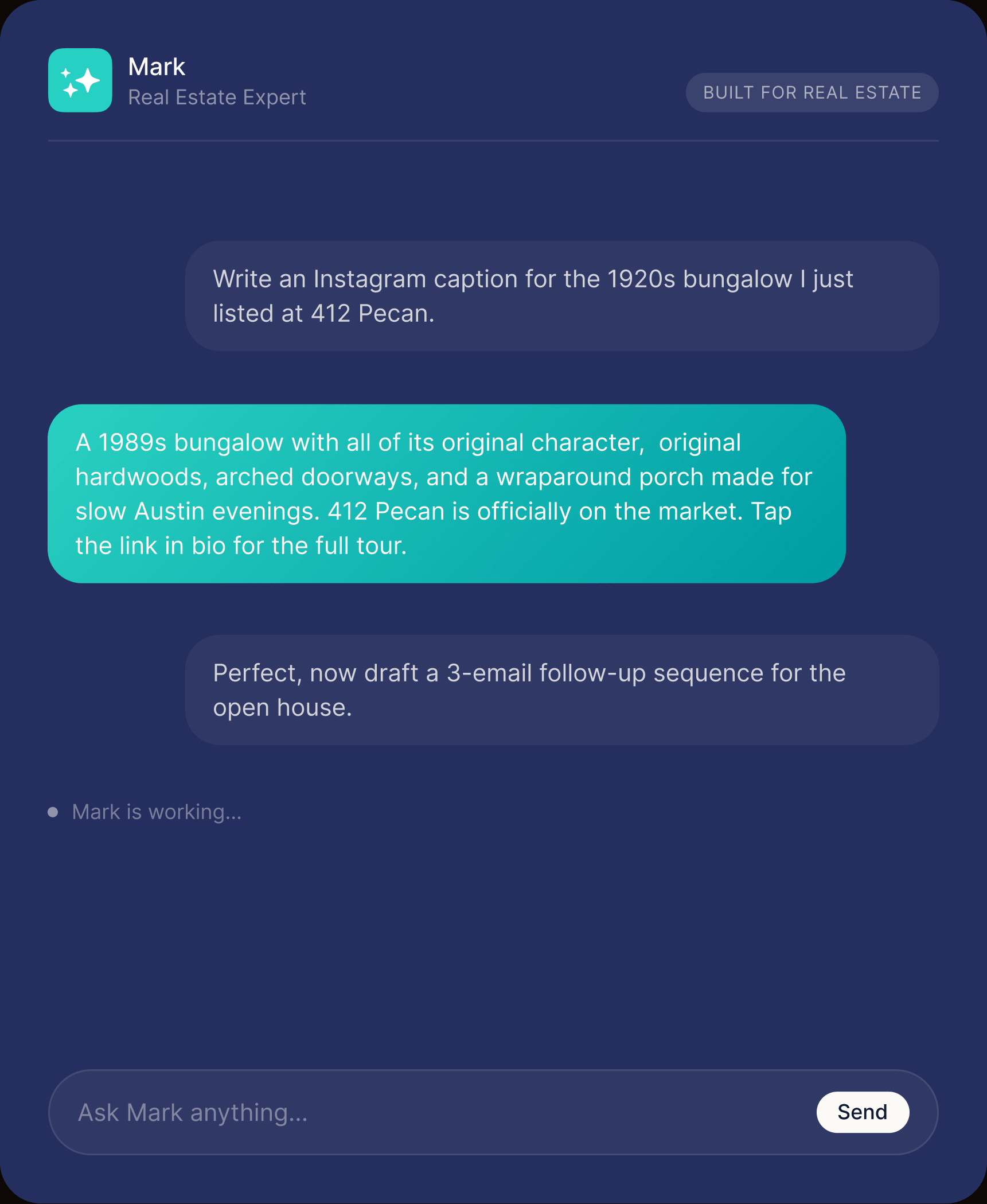 Chat with Mark, the AI real estate assistant, drafting an Instagram caption and follow-up emails