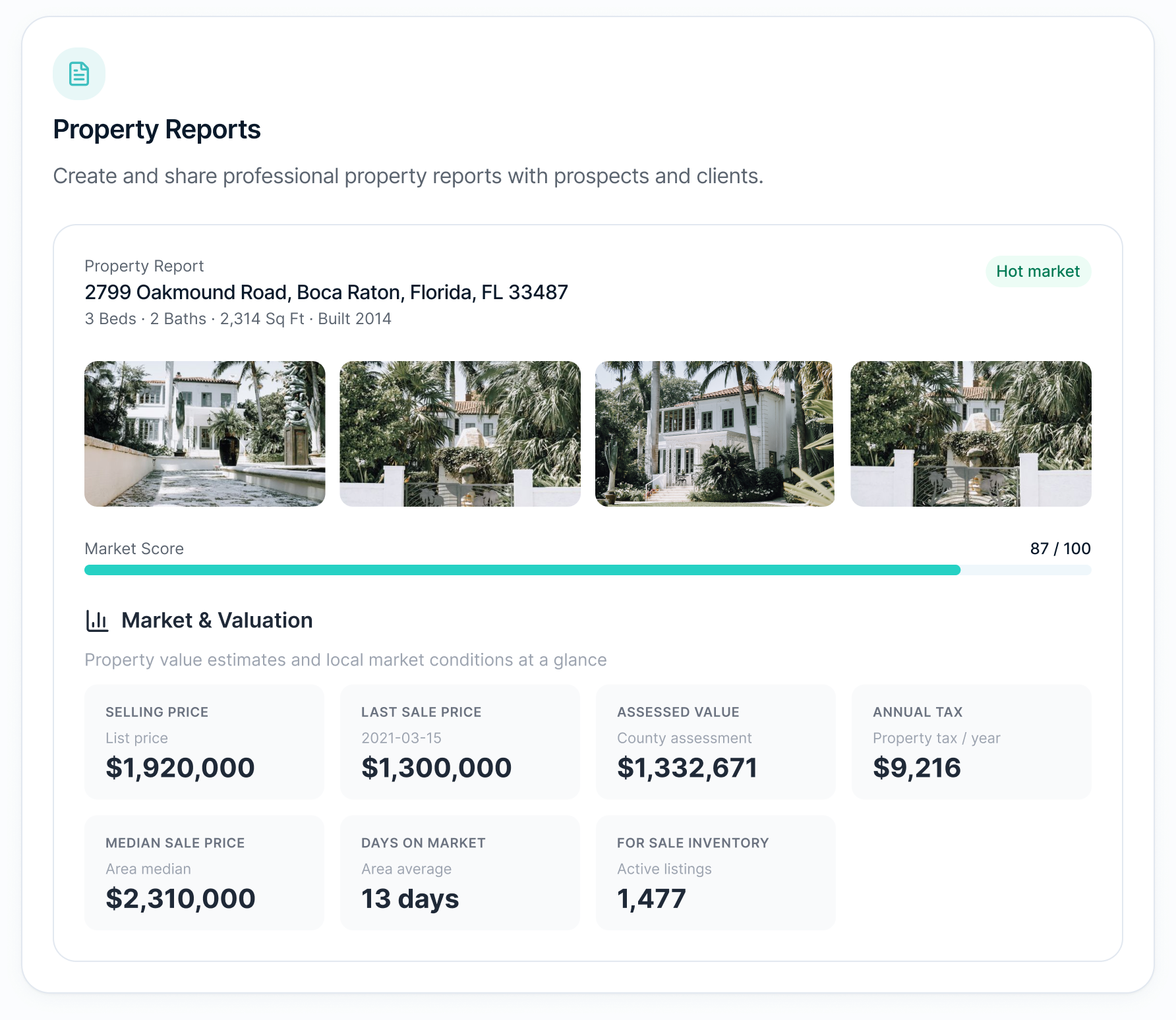 Professional property report showing market valuation data