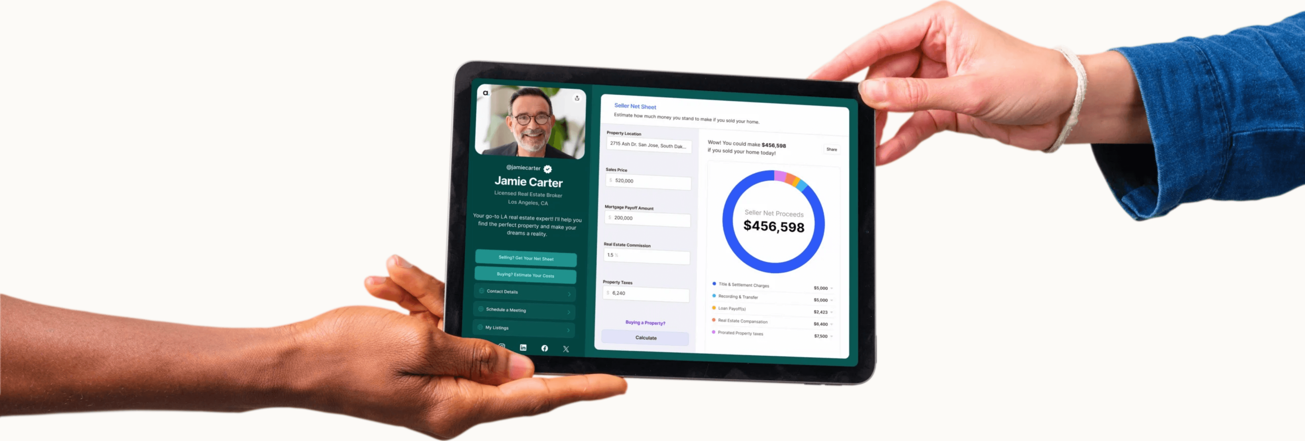 Hands holding a tablet showing an Agentmark profile — your permanent address