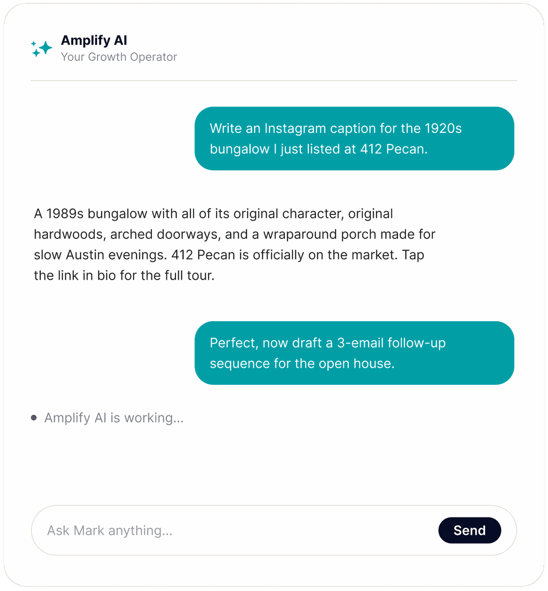 Amplify AI chat drafting an Instagram caption and a 3-email follow-up sequence