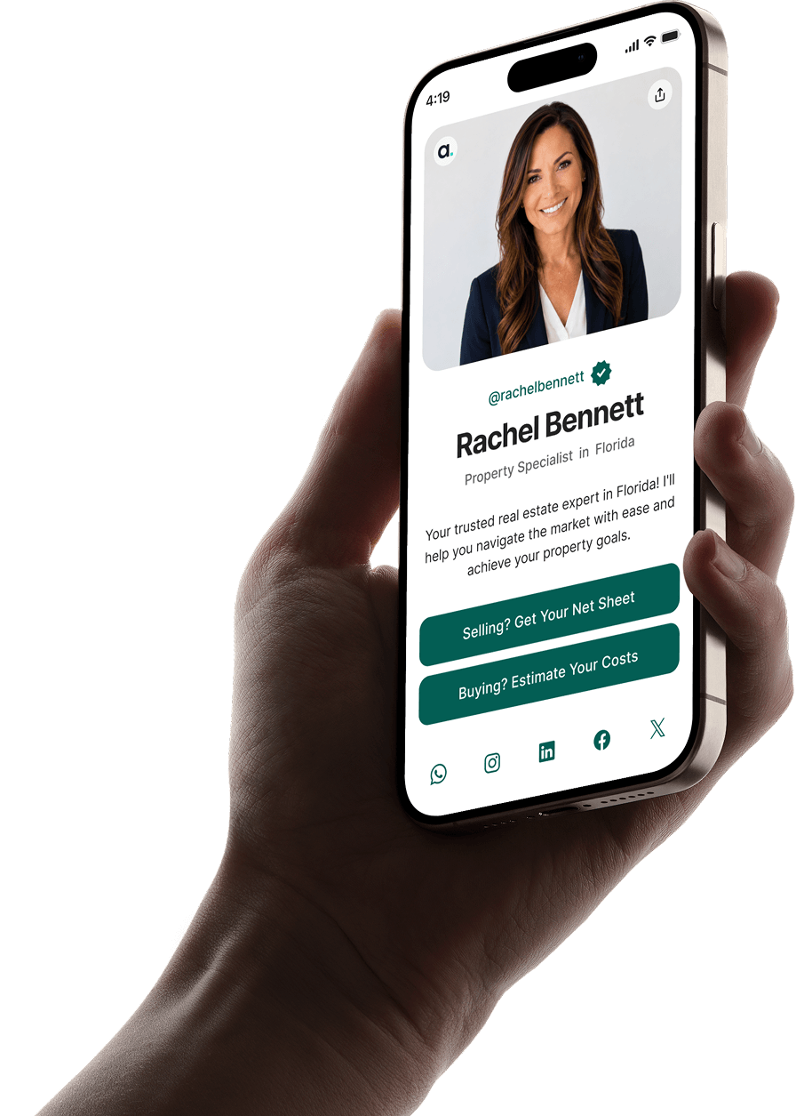 A hand holding a phone showing Agentmark professional identity page