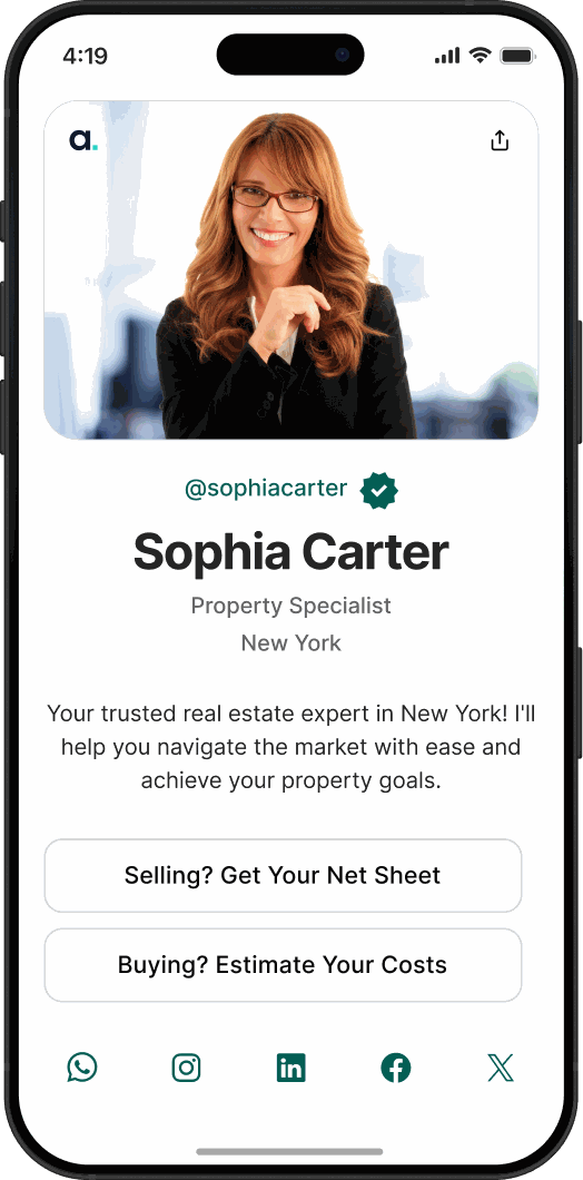 Sophia Carter's Agentmark identity page shown on a phone